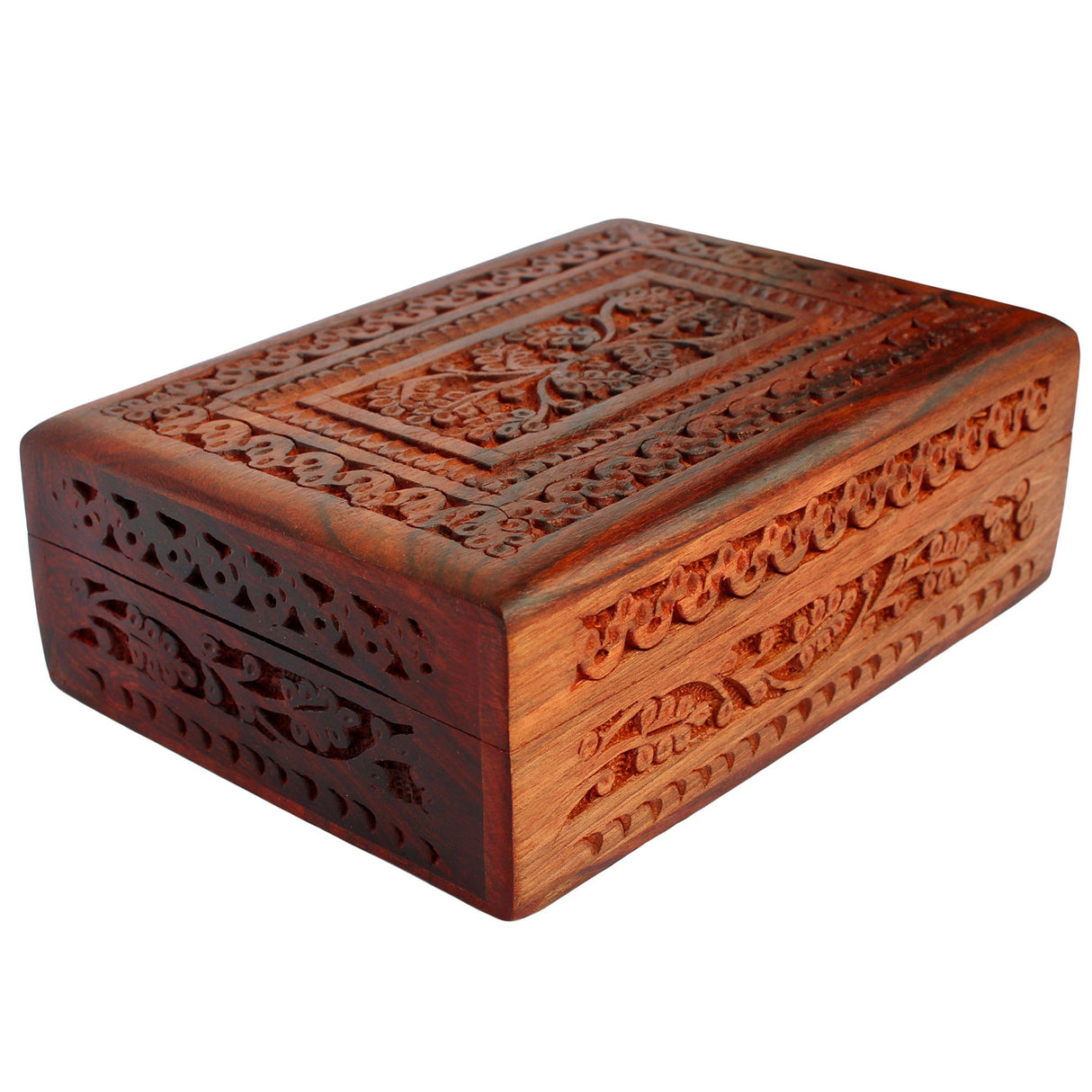 ITOS365 Handmade Wooden Keepsake Storage Case Jewelry Box Jewel Organizer - Floral Hand Carvings with Brass Inlay - Gifts for Women, 7 x 5 Inches ITOS365