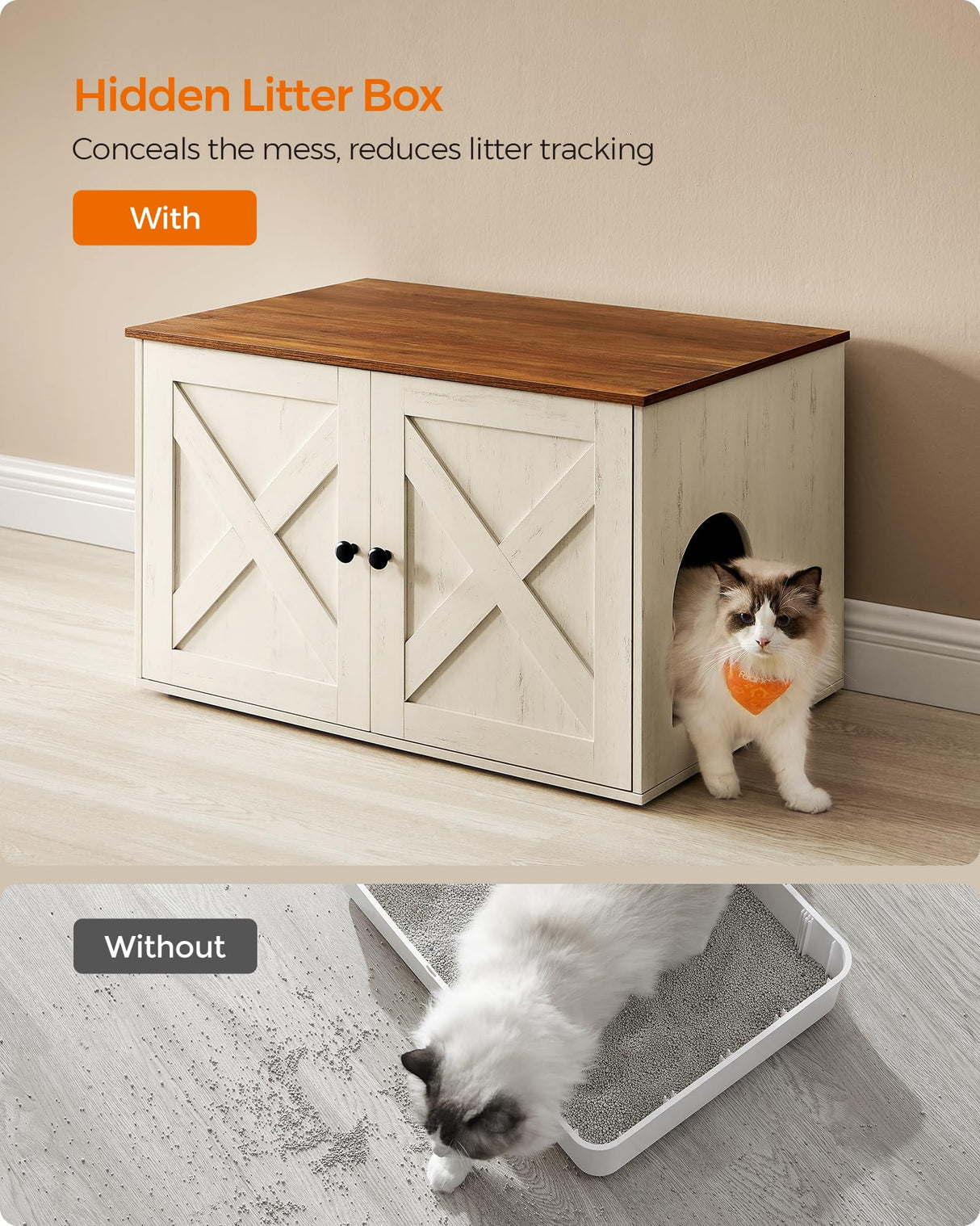 Feandrea Cat Litter Box Enclosure, Litter Box Furniture Hidden with Removable Divider, Indoor Cat House, End Table, 31.5 x 20.9 x 19.7 Inches, Honey Brown and Rustic White UPCL002P01 Feandrea