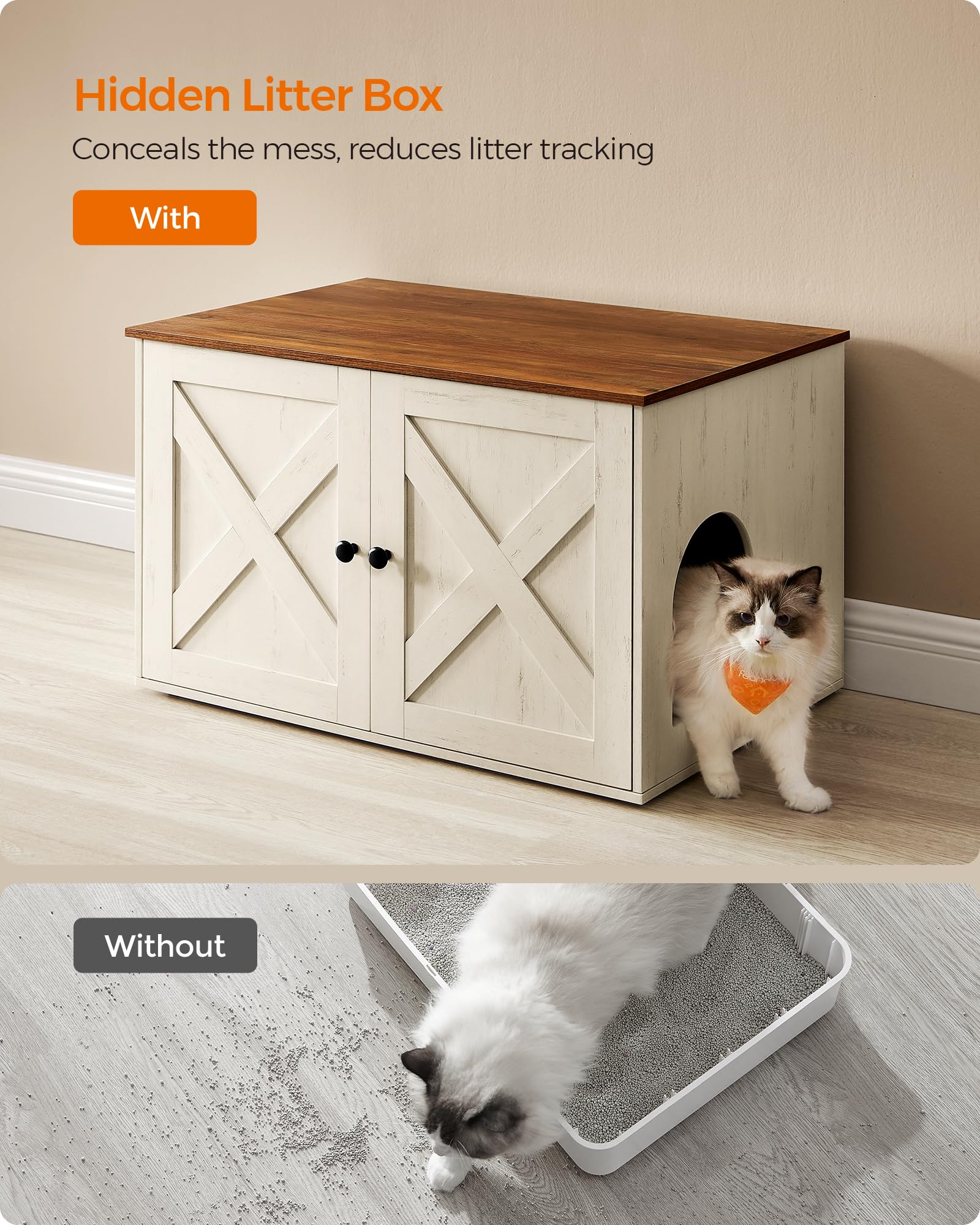 Feandrea Cat Litter Box Enclosure, Litter Box Furniture Hidden with Removable Divider, Indoor Cat House, End Table, 31.5 x 20.9 x 19.7 Inches, Honey Brown and Rustic White UPCL002P01 - WoodArtSupply