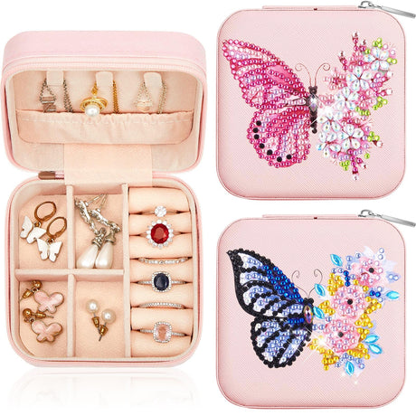 Hinly 2 Pcs Portable Diamond Painting Jewelry Storage Box DIY Diamond Art Accessories PU Leather Jewelry Ring Organizer Case Travel Jewelry Organizer(Butterfly and Flower,Bright Color) Hinly
