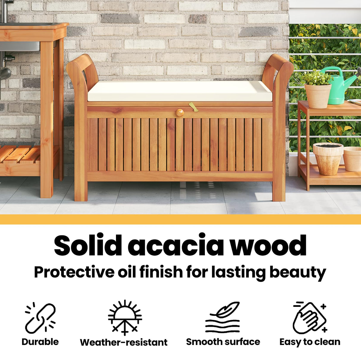 vidaXL Garden Storage Bench, Solid Acacia Wood, White Cushion Included, Classic Outdoor Design, Patio & Garden Seating, 35.8" x 19.7" x 23.6", Patio & Deck Organizer, Durable Wooden Furniture vidaXL