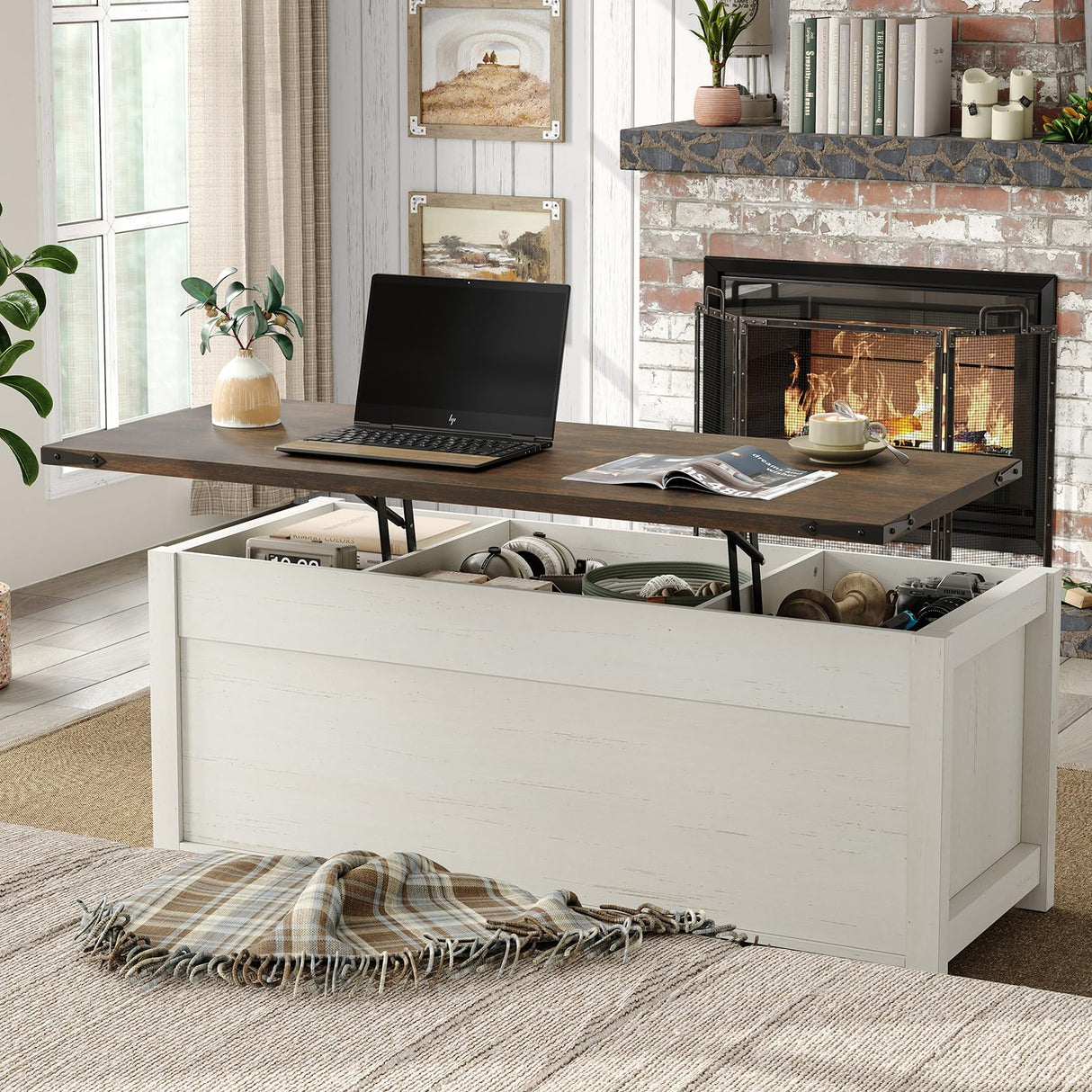 Furnihold Coffee Table 47.3'' Lift Top Coffee Table with Storage, Modern White Coffee Table with Sliding Barn Doors, Farmhouse & Rustic Rectangle Center Table for Living Room, Office, Brown Top Furnihold