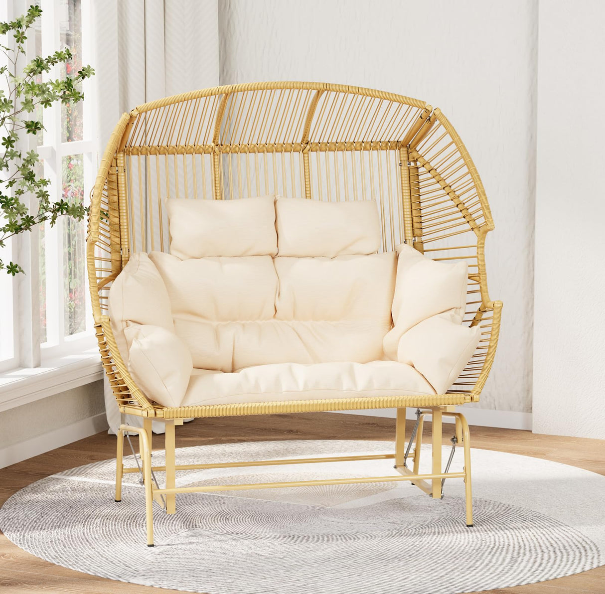 ECOTOUGE Indoor Double Egg Chair, Outdoor Oversized Loveseat, 2 Person Extra Large Wicker Lounge Rocking Glider Chairs for Living Room Bedroom, Yellow ECOTOUGE