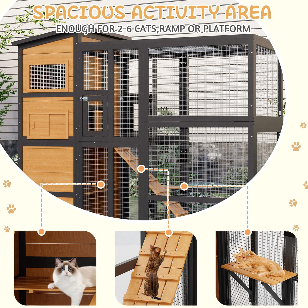 JFHID 4-Tier Cat Catio Enclosure with Weatherproof Roof, 3 Resting Rooms & Climbing Ramp, Large Outdoor Indoor Cat House Cage for Small Animals, Brown and Black JFHID
