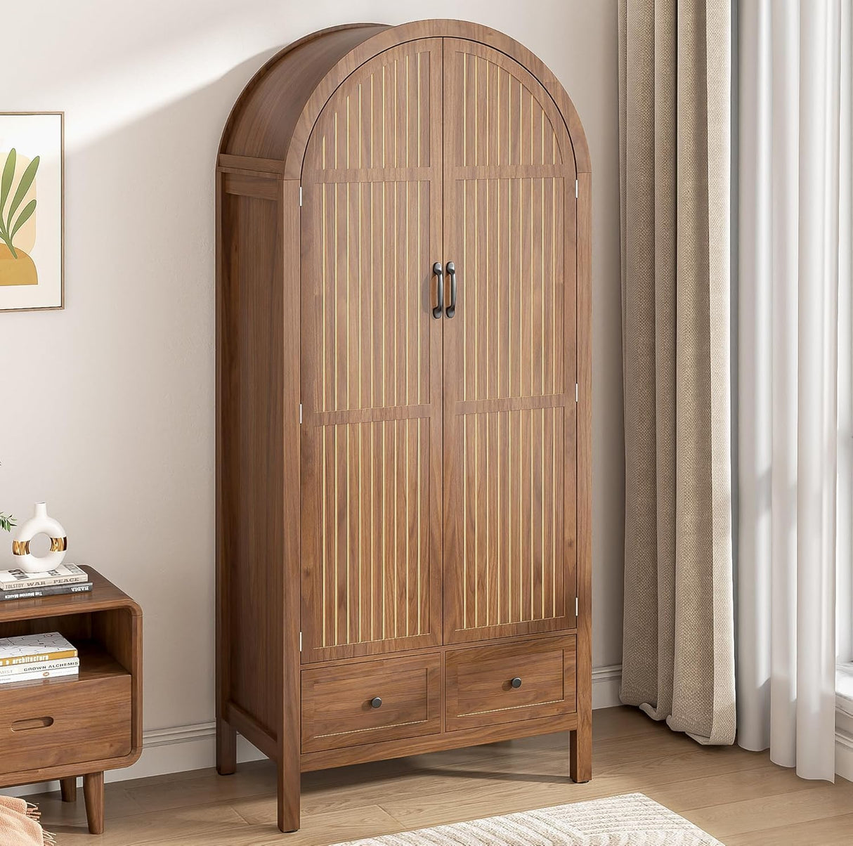 Lxsxlome Armoire Wardrobe Closet, Modern Wardrobe Closet with Drawers and 2 Arched Fluted Doors, 70.87‘’ Tall Wooden Bedroom Armoires with Shelves and Hanging Rod (1, Walnut) Lxsxlome