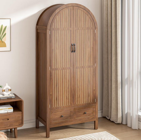 Lxsxlome Armoire Wardrobe Closet, Modern Wardrobe Closet with Drawers and 2 Arched Fluted Doors, 70.87‘’ Tall Wooden Bedroom Armoires with Shelves and Hanging Rod (1, Walnut) Lxsxlome