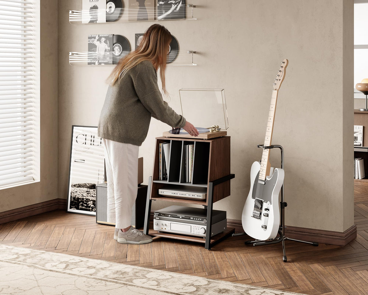 FITUEYES Design Record Player Stand with Vinyl Record Storage, Turntable Stand With Station up to 120 pcs, Small Entertainment Center for Living Room, Eiffel Series FITUEYES