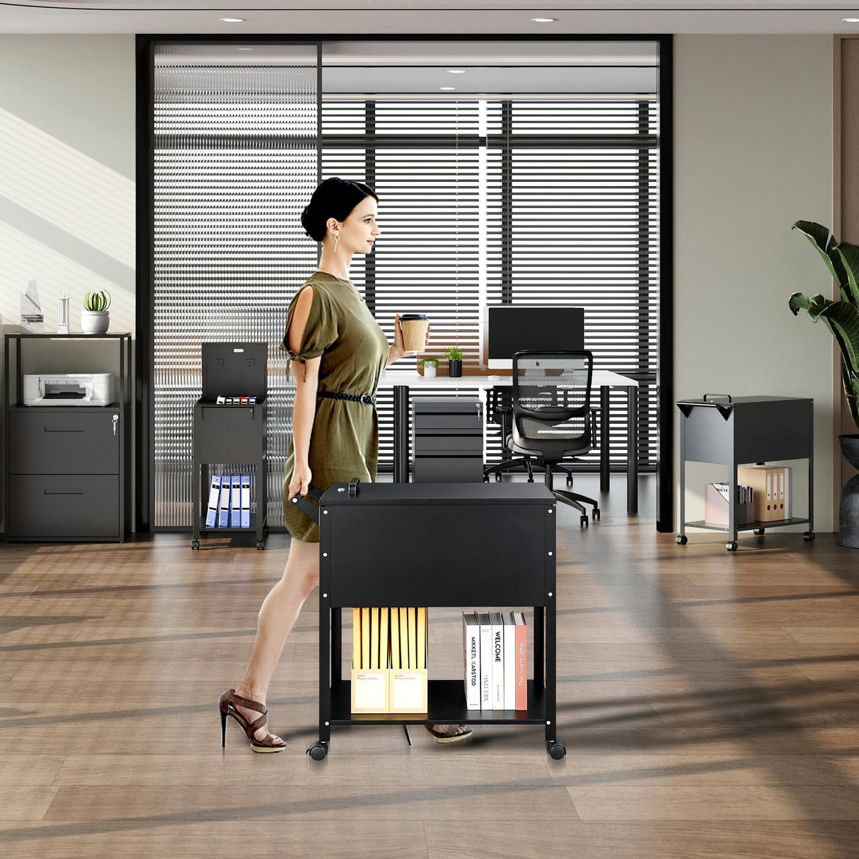 Mobile Files with Lock, Rolling File Cabinet Hanging Letter/Legal Size with Lockable Sliding Cover, Office File Organizer on Wheels MIIIKO