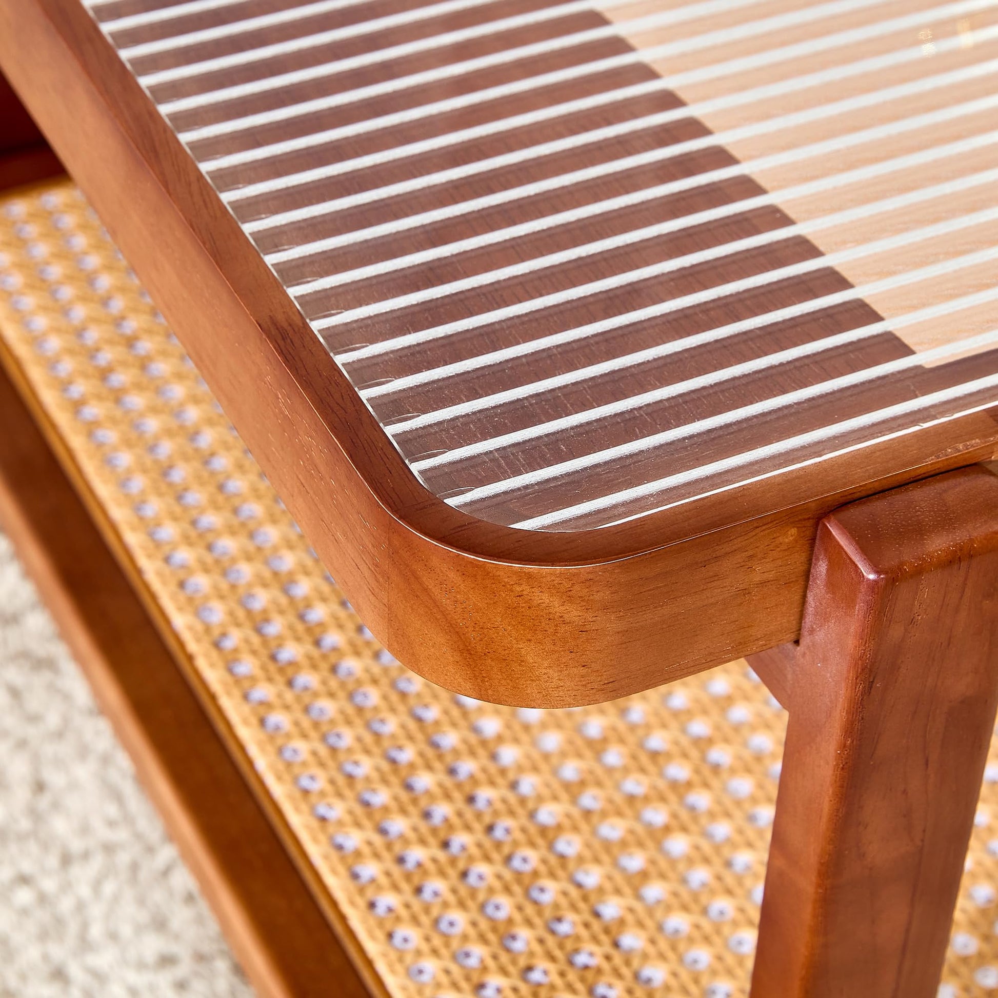 Ganooly Mid Century Modern Coffee Table with Ribbed Glass Top and PE Rattan Storage Shelf, 45 Inch Rectangular Solid Wood Boho Coffe Table, Unique Center Table for Livinig Room Apartment Smal - WoodArtSupply