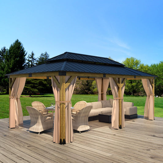 SUNBURY 12'x20' Outdoor Cedar Wood Gazebo, 2-Tier Metal Hardtop Wooden Frame Gazebo for Patio with Privacy Curtains and Mosquito Nettings for Gardens, Lawns, Backyard, Poolside (Log Color Fra - WoodArtSupply