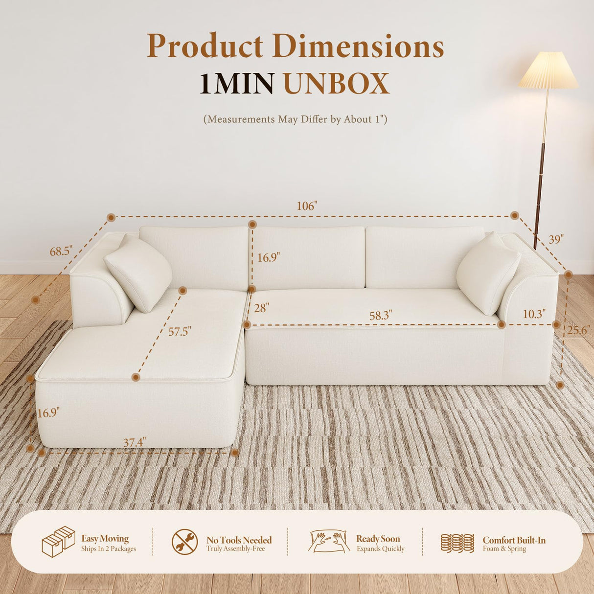 Vesgantti 106" Cloud Couch Sectional Modular Sofa, Deep Seat Comfy Cloud Couch Chenille Memory Foam Sofa Modular Couches for Living Room Bedroom, No Assembly Required (Beige, Left-Facing Chaise) Vesgantti