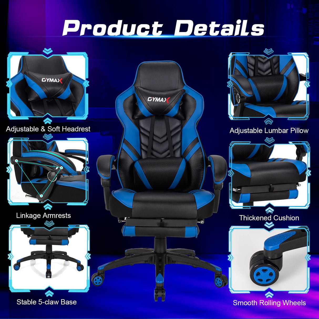 Blue Gaming Chair Ergonomic Computer Chair for Adults Teens Reclining Gamer Chair High Back Game Chair Racing Style Desk Chair with Retractable Footrest, Lumbar Support and Headrest TOMANOR