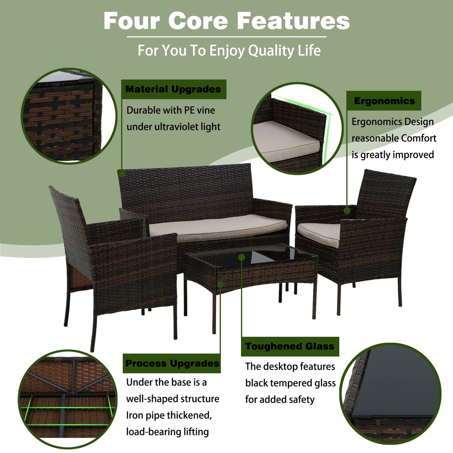 4 Pieces Patio Furniture Set Rattan Outside Furniture Wicker Sofa Garden Conversation Sets with Soft Cushion and Glass Table for Yard Pool or Backyard,Brown