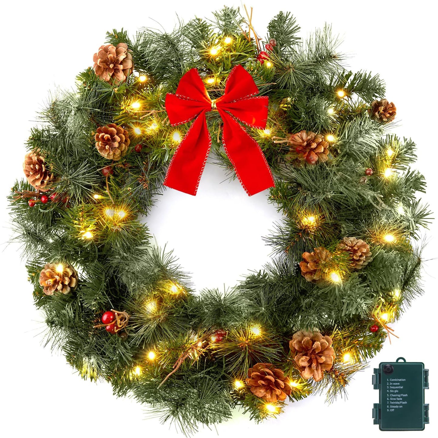 24 Inch Pre-Lit Handcrafted Christmas Wreath, IP44 Battery Operated 50 LED Christmas Wreaths, Decor with Pinecones Pine Needles Branches Red Berry Mini Bow, X-Mas Collection for Front Door Wall Window