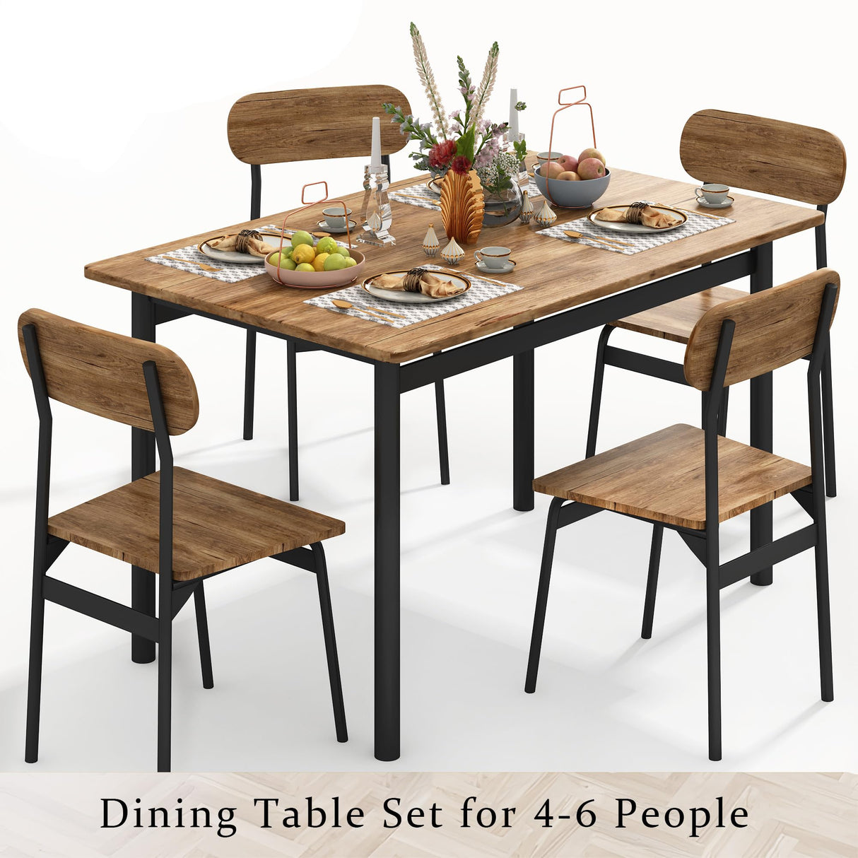 furlinkhm Kitchen Dining Table Set for 4, Modern Rectangular 5 Piece Dining Room Table and Chairs Set, Brown Wooden Metal Table Set for Family Dinner, Party, Afternoon Tea and Work (Oval) furlinkhm