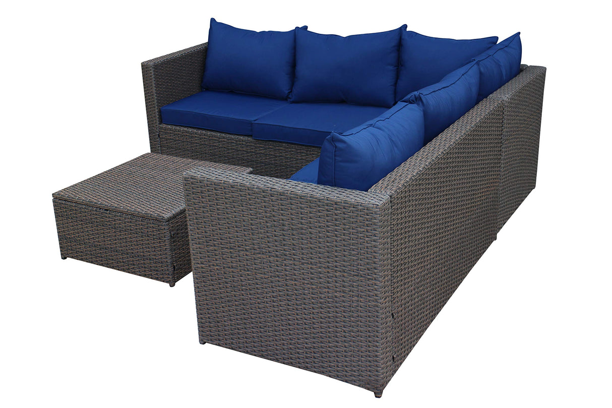 Home Life Navy Blue Large Outdoor Patio 4 Piece Modern Brown Rattan Wicker Sectional Sofa Cushions-with Coffee Table/Ottoman HomeLife