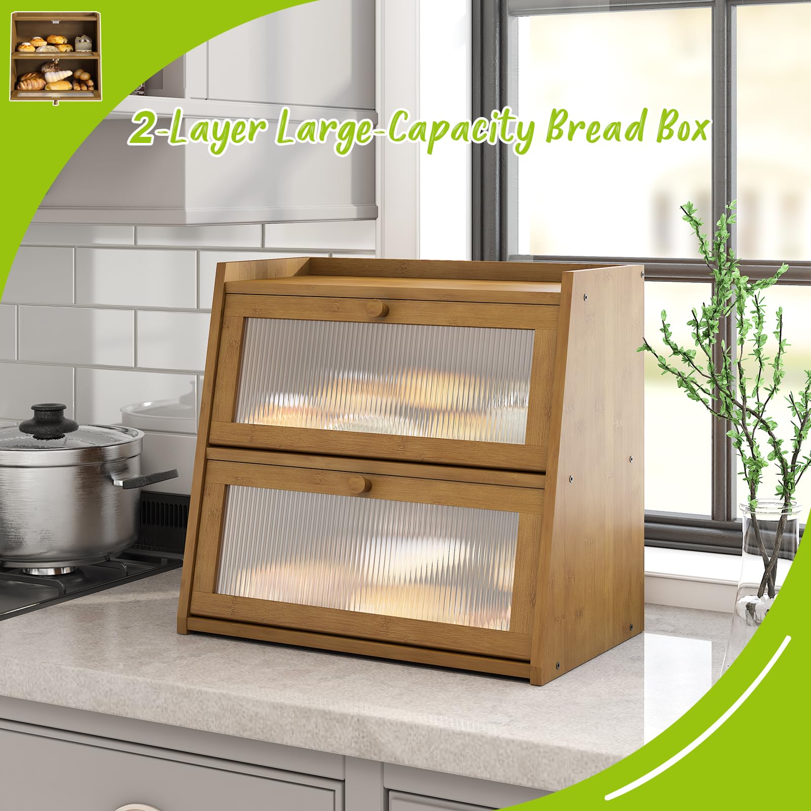 BMOSU Large Bread Box for Kitchen Countertop Double Layer Bread Box Farmhouse Bamboo Bread Box Self-Assembling (Brown) - WoodArtSupply