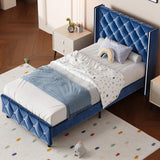 HOMBCK Twin Bed Frames, Upholstered Platform Bed with Diamond Tufted Headboard, Modern Velvet Bed Frame with Wingback Design, No Box Spring Needed, Easy Assembly, Blue HOMBCK