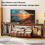 YGEOMER TV Stand for 75 Inch TV Entertainment Center with Power Outlets TV Console Table deepen with Fabric Drawers Metal Frame Storage Shelves and for Living Room, Bedroom 63" Rustic Brown YGEOMER