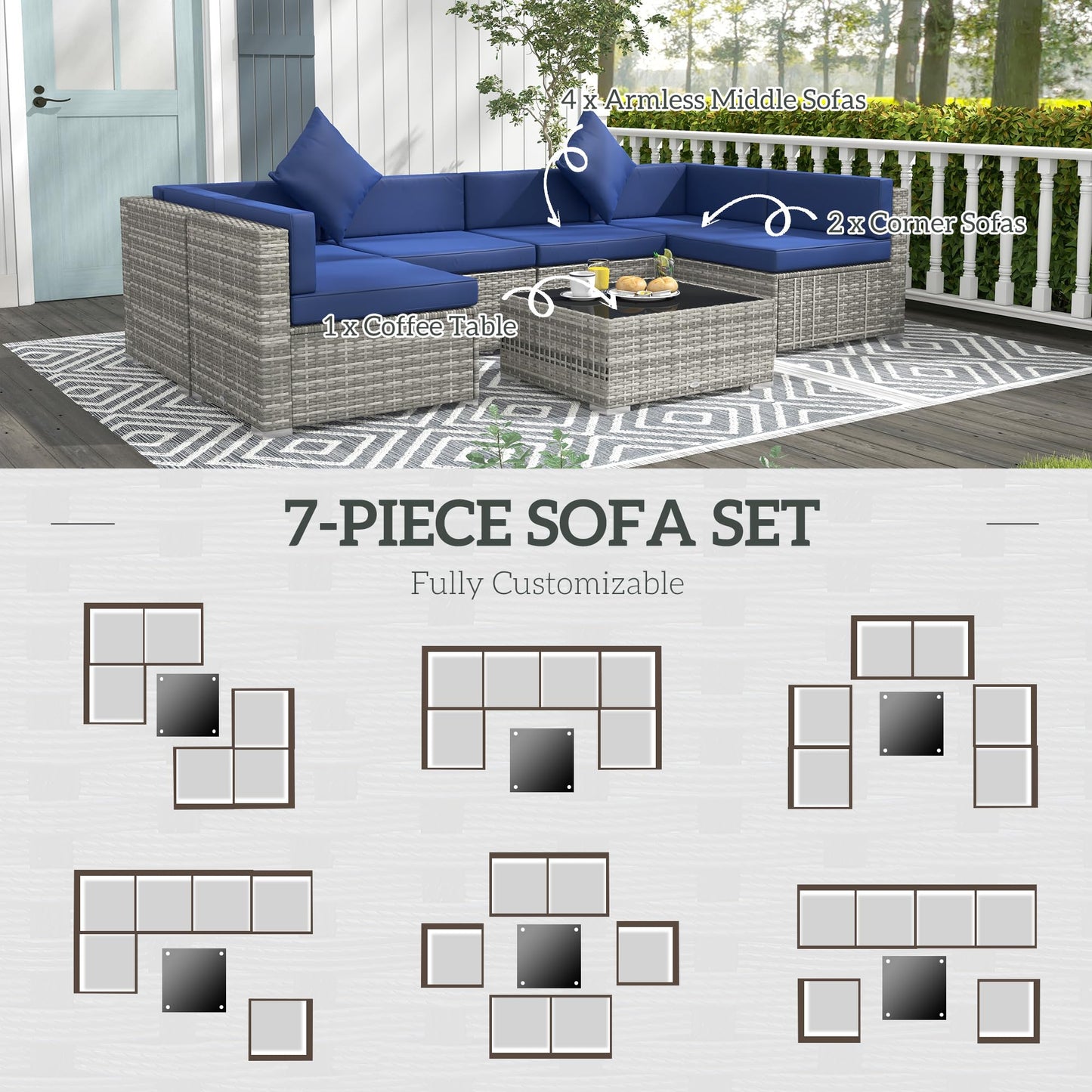 Outsunny 7-Piece Patio Furniture Set, Outdoor Wicker Conversation Set, All Weather PE Rattan Sectional Sofa Set with Cushions and Tempered Glass Top Coffee Table, Pillows, Blue - WoodArtSupply