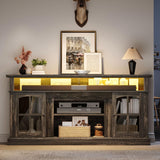 YITAHOME LED Farmhouse TV Stand for 75 Inch w/Outlets, Modern Entertainment Center with Glass Doors and Adjustable Storage Shelves, Media Console TV Cabinet for for Living Room, Dark Rustic Oak YITAHOME