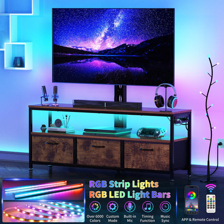 JUSTOGO TV Stand with Mount and Power Outlet, TV Stand with Drawers Storage for Living Room Bedroom, LED Entertainment Center for 45/55/60/65 inch TVs, Height Adjustable Media Console, Rustic JUSTOGO