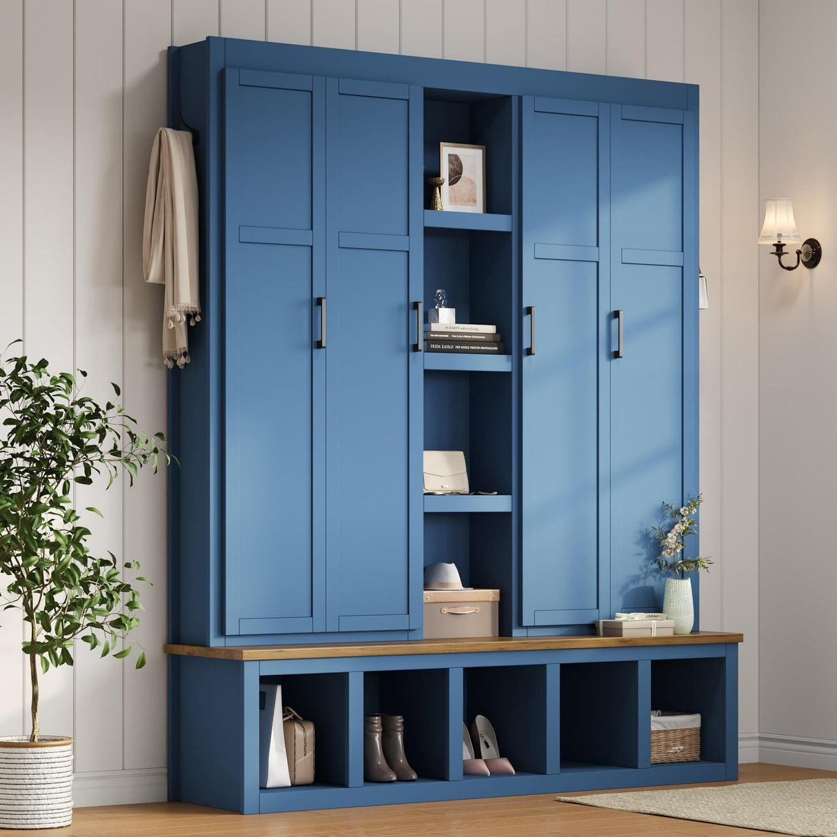 Merax Modern Farmhouse Hall Tree with Bench, 4-in-1 Entryway Storage Cabinet & Shoe Organizer with Hooks, Blue Merax