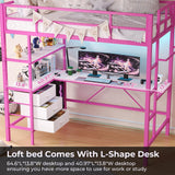 DICTAC Loft Bed Twin Size with L-Shaped Desk, LED Lights and Charging Station Twin Metal Loft Bed Frame with 3 Storage Shelves and 3 Fabric Drawers, Safety Guard & Ladder, No Box Spring Needed, Pink DICTAC
