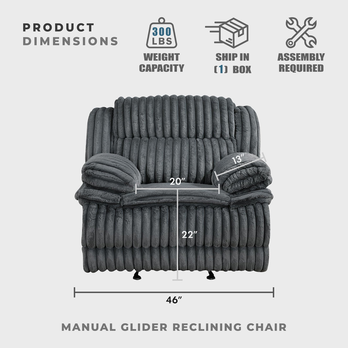 Lexicon Manual Glider Recliner Chair, Corduroy Manual Tab Pull Reclining Chair with Pillow Top Arms, Plush Cushions, Cozy Theater-Style Accent for Living Room/Bedroom, Easy Assembly, Dark Gray Lexicon