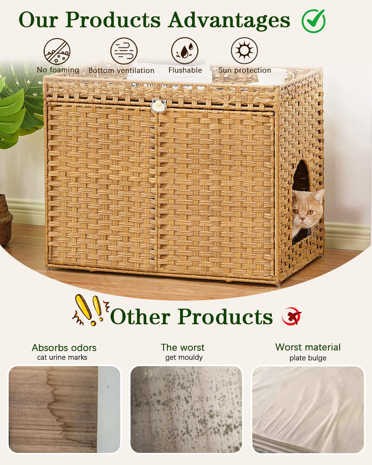 SETVSON Cat Litter Box Enclosure Furniture, Handwoven Rattan Hidden Litter Box with Mat, Large Space Cat House with 2 S-Shaped Hooks 30.3 x 18.3 x 24.4 Inches, Indoor for Living Room Apartment Natural SETVSON