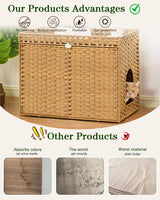SETVSON Cat Litter Box Enclosure Furniture, Handwoven Rattan Hidden Litter Box with Mat, Large Space Cat House with 2 S-Shaped Hooks 30.3 x 18.3 x 24.4 Inches, Indoor for Living Room Apartment Natural SETVSON