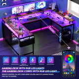 Jojoka U Shaped Computer Gaming Desk, Reversible L Shaped Desk with Power Outlets, LED Strip & Monitor Stand, Large Corner Desk with Storage Shelves for Home Office, Rustic Brown Jojoka