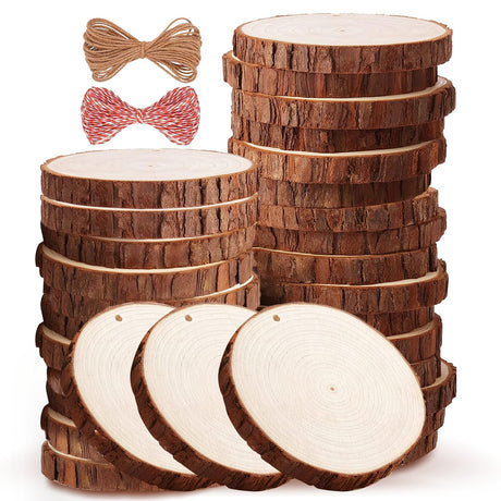 Wood Slices 30 Pcs 3.5-4 Inch Natural Wood Rounds Wooden Circles for Crafts Christmas Ornaments Unfinished Wood Kit with Predrilled Hole for DIY Arts Painting Centerpieces (3.5-4 inch) FouFrame
