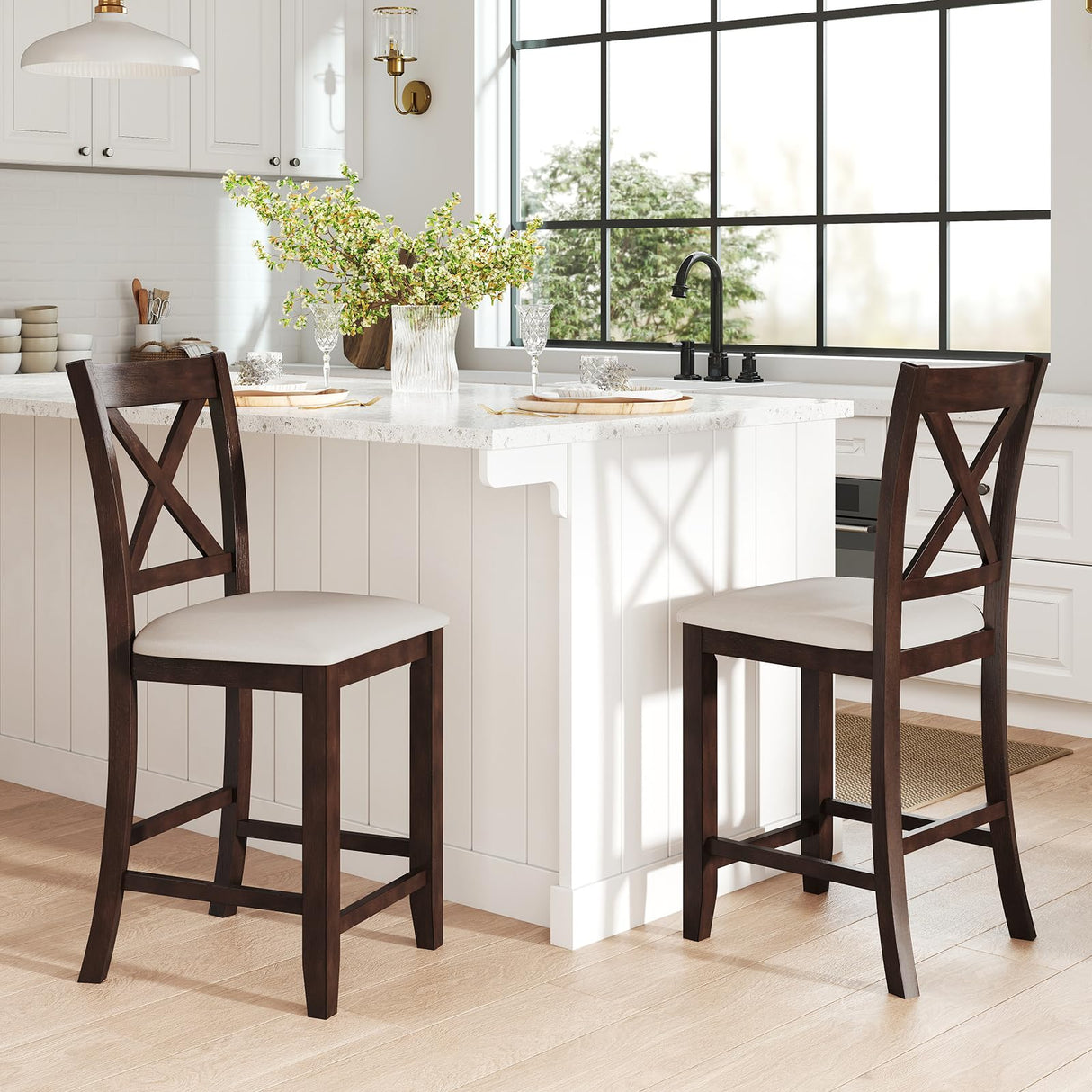 Giantex 24" Bar Stools Set of 4, Farmhouse Counter Height Barstools w/Footrest, Cross Back, Comfortable Linen Cushion, Upholstered Wood Bar Chairs for Kitchen Island Dining Room Cafe, Walnut & Beige Giantex