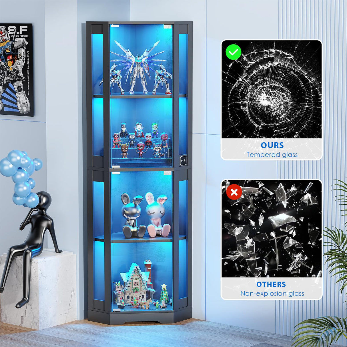 BROTTAR 65" Corner Glass Display Cabinet with LED Lights, 4-Tier Showcase Display Case with Glass Doors & Human Body Sensor for Collectibles, Liquor, Black BROTTAR
