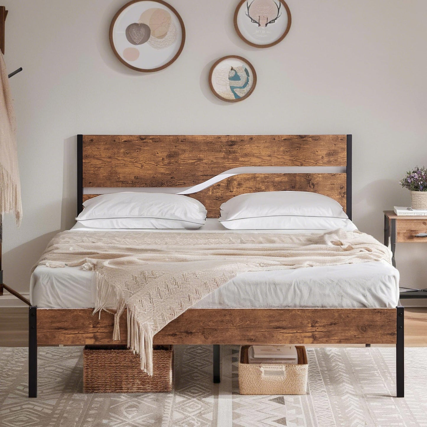 VECELO Rustic Brown Full Size Platform Bed Frame with Wood Headboard and Heavy Duty Metal Support - WoodArtSupply