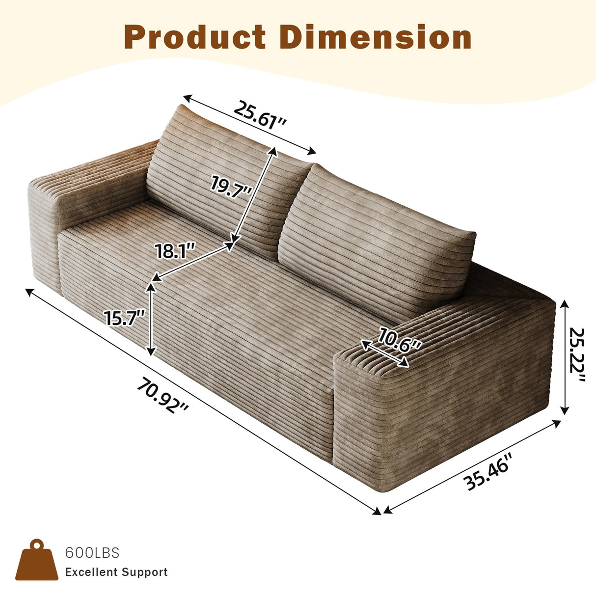 CKEASEAN 71" Corduroy Boneless Couch, 2-Seater Compression Sofa with 2 Throw Pillows, No Assembly Required, Comfy Loveseat Sofa in a Box, Deep Seat, Modern Couches for Living Room (Camel, 71 inch) CKEASEAN