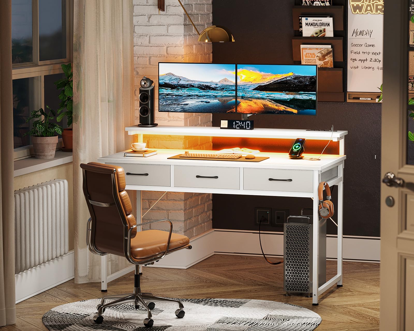 ODK 48 Inch Computer Desk with 3 Drawers and USB Power Outlets, Home Office Desks with LED Lights and Adjustable Monitor Stand, Work from Home, Modern Work/Writing/Study Table for Bedroom, Wh - WoodArtSupply