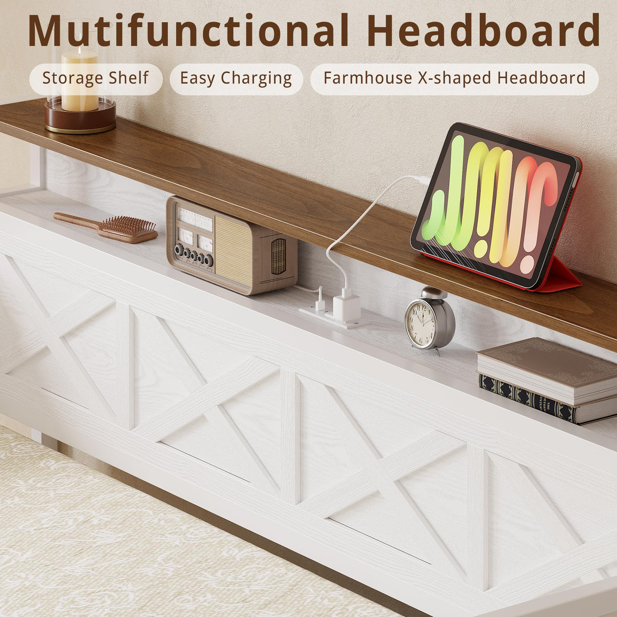 IRONCK Daybed with Trundle, Sturdy Metal Twin Bed Frame with X-Shaped Frame, Upholstered Farmhouse Daybed with Charging Station for Living Room, Bedroom, and Guest Room, White/Walnut IRONCK