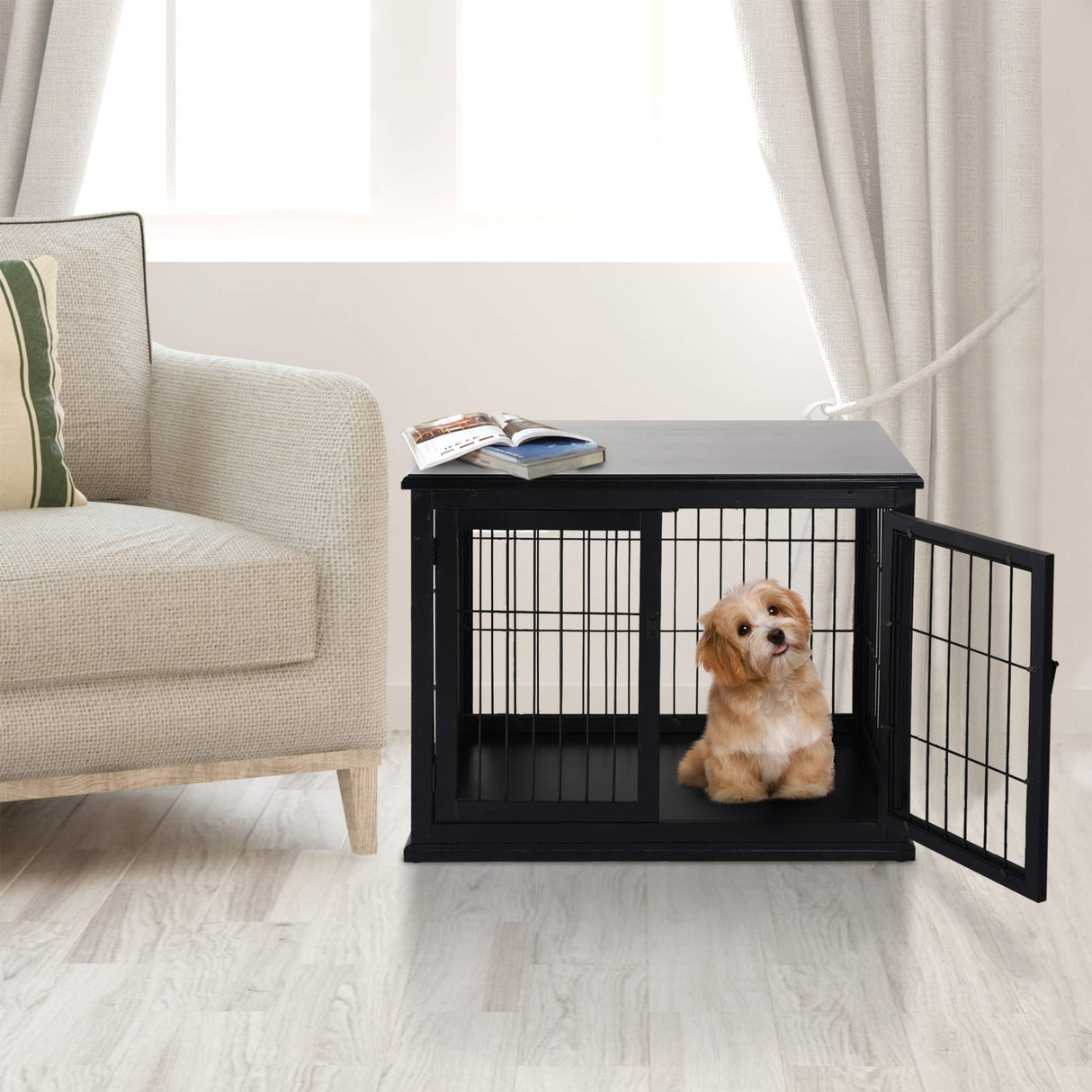 PawHut Dog Crate Furniture, Small Dog Cage End Table with Two Opening Sides, Lockable Door, Puppy Kennel Indoor, Cute and Decorative, Black PawHut