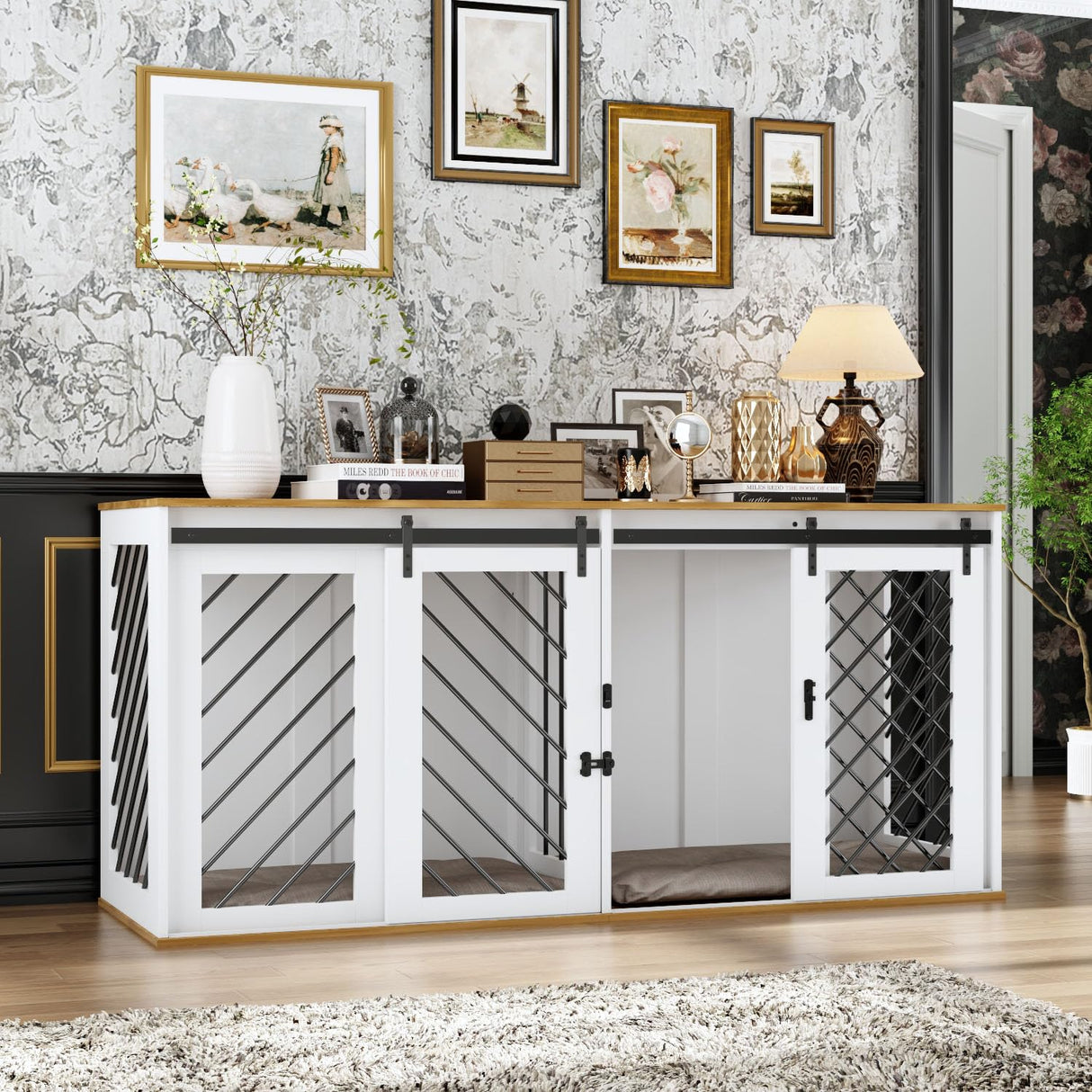 DAWNSPACES Furniture Dog Crate,71" Heavy Duty Wooden Dog Cage Kennel with a Removable Divider & Sliding Doors,Indoor Furniture Style Dog Crate Table,Dog House for Large Medium Small Dogs,White DAWNSPACES