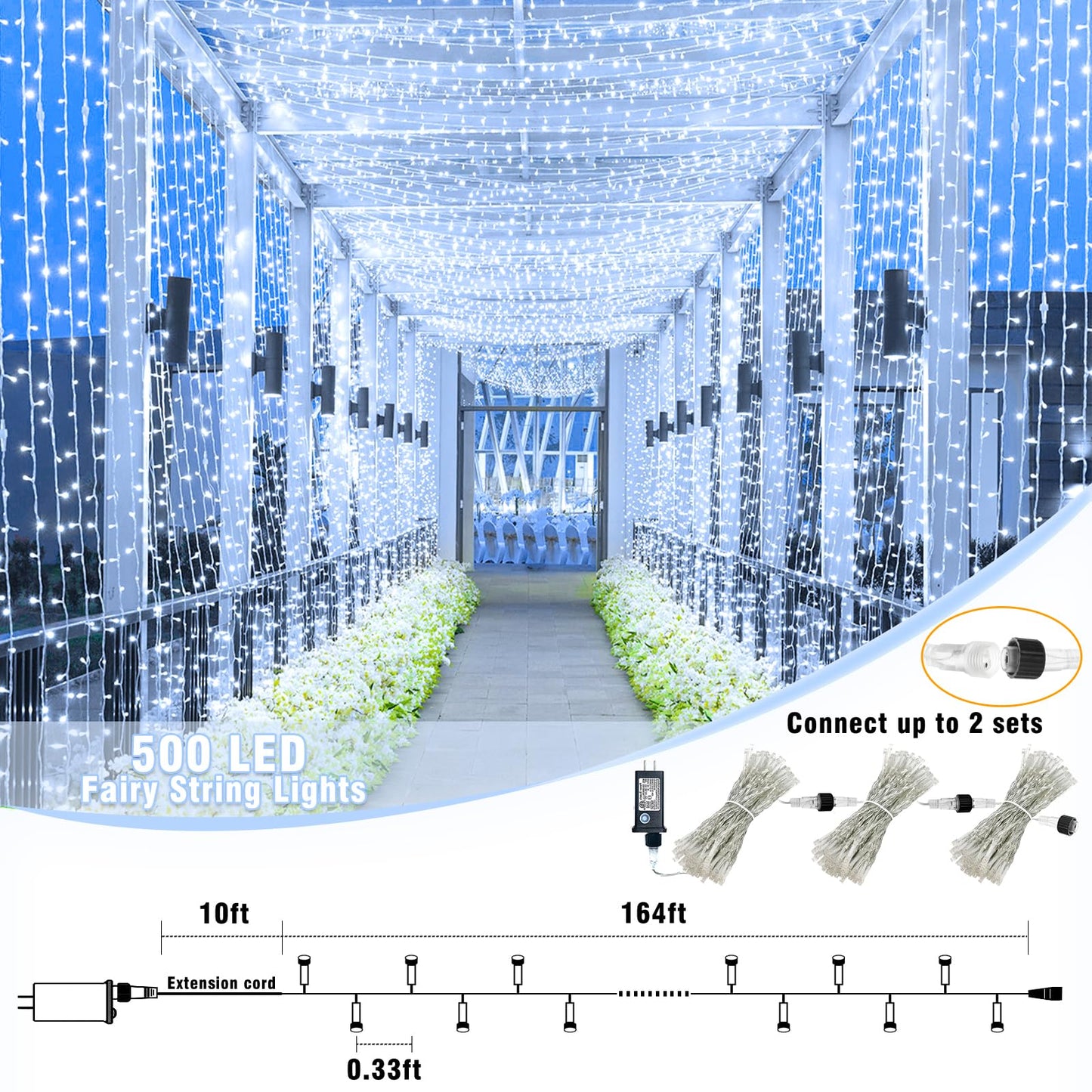 500 LED Christmas Lights Outdoor - 165FT Super Long Christmas String Lights 8 Modes Waterproof Plug in Fairy Lights with Timer Memory for Indoor Xmas Tree Holiday Party House Decorations, Cool White