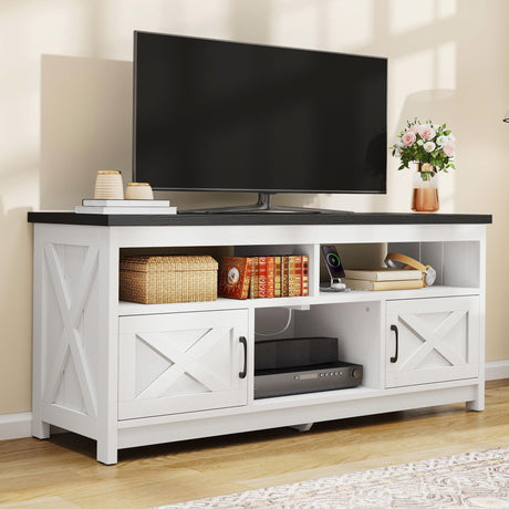 DWVO Farmhouse TV Stand for Television up to 65 Inch, Entertainment Center with Power Outlets and Open Shelf, Rustic TV Cabinet Media Console Table for Living Room, White/Black, 59 Inches DWVO