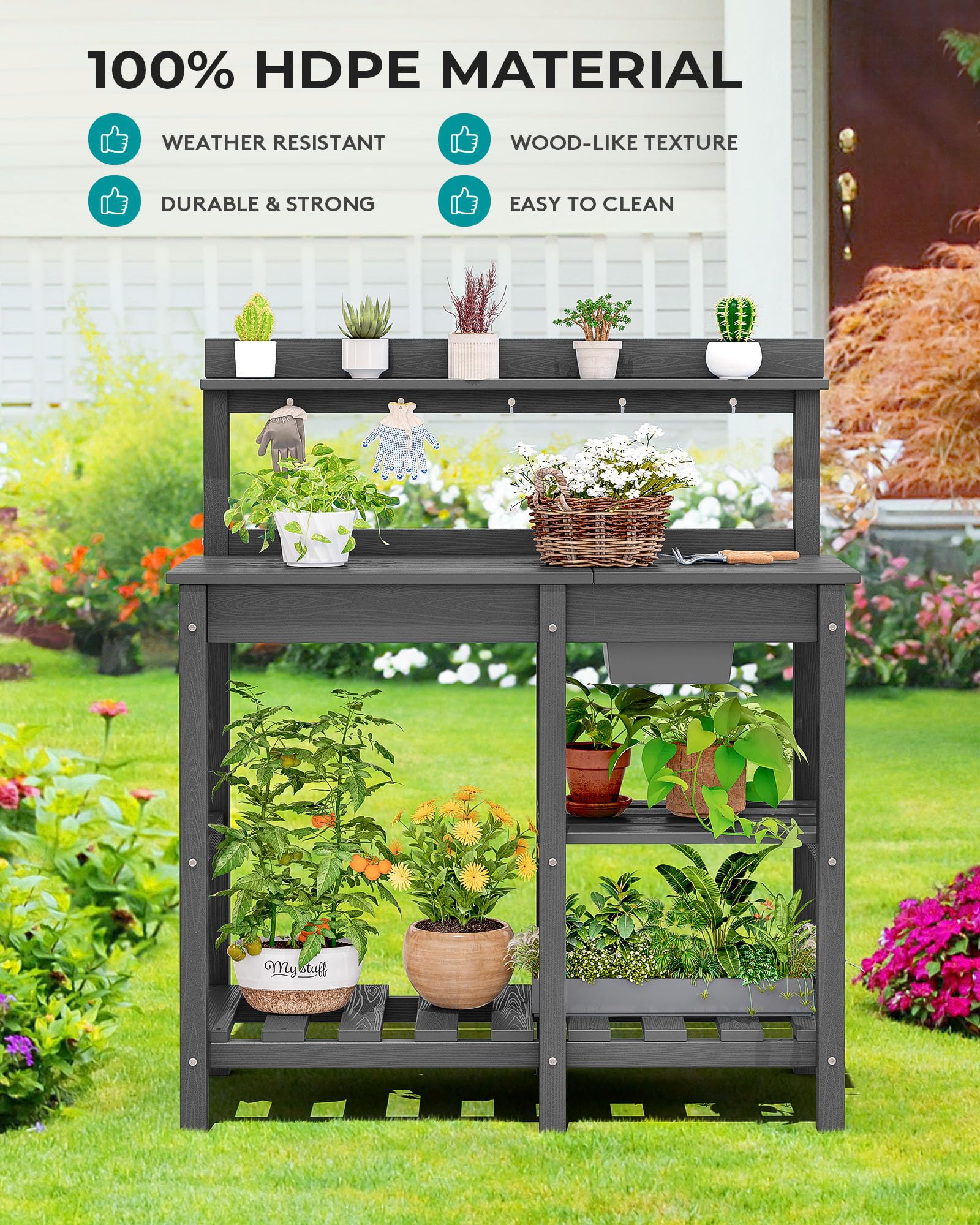 SERWALL Potting Bench Outdoor Potting Table with Sink, HDPE Potting Benches for Outside Gardening Table All Weather Use- Gray - WoodArtSupply