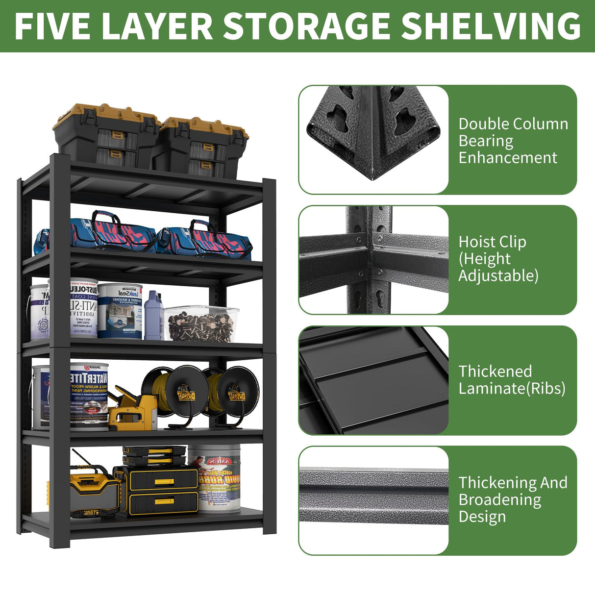 VIYET Garage Shelving,72" H Garage Shelves Heavy Duty, 3000Lbs 5 Tier Adjustable Storage Shelves Suitable for Warehouse, Basement, Workshop, 24" D*48" W *72" H(Black) VIYET