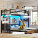 Twin Over Full Size Bunk Bed with 4 Storage Drawers and Bookshelf, Metal Bunk Beds with LED Lights, Charging Station, Loft Bunk Bed with Pegboard, Safety Guardrail and Ladders, for Kids, Teens, Adults mojiasion