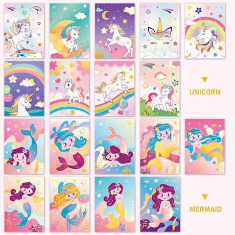 Unicor Scratch Art Kit for Kids - 30 Pcs Magic Scratch Off Paper for Girls Unicorn Mermaid Theme Art Supplies Colorful Drawing Art Craft with Wooden Stylus Kids Activities Party Birthday Gift WERNNSAI