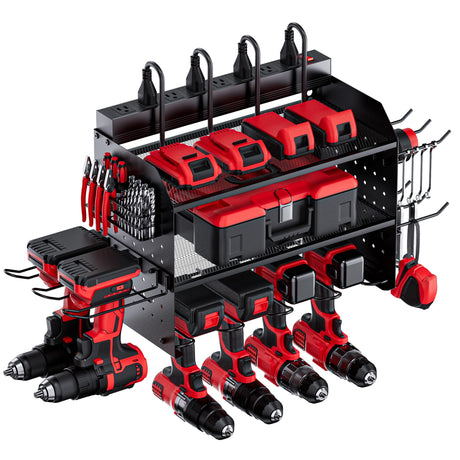 TRZZ Power Tool Organizer with Charging Station, 3-Layer, 8 Outlets, Cordless Drill Holder with 2 Side Pegboards, 6 Drill Holders, 4 Hooks, 1 Drill Bit Rack for Garage, Workbench, Workshop, Black TRZZ