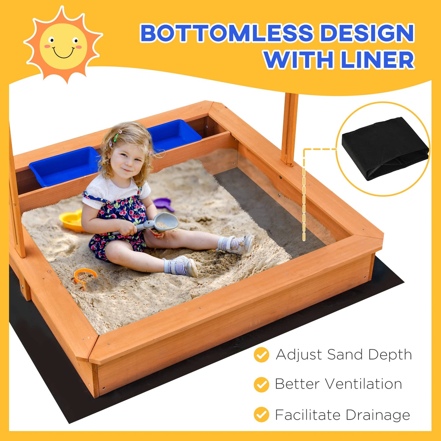 Outsunny Kids Wooden Sandbox with Adjustable Height Cover and Toy Bin Storage, Children Sand Play Station Outdoor,Bottom Liner, for Backyard, Ages 3-7