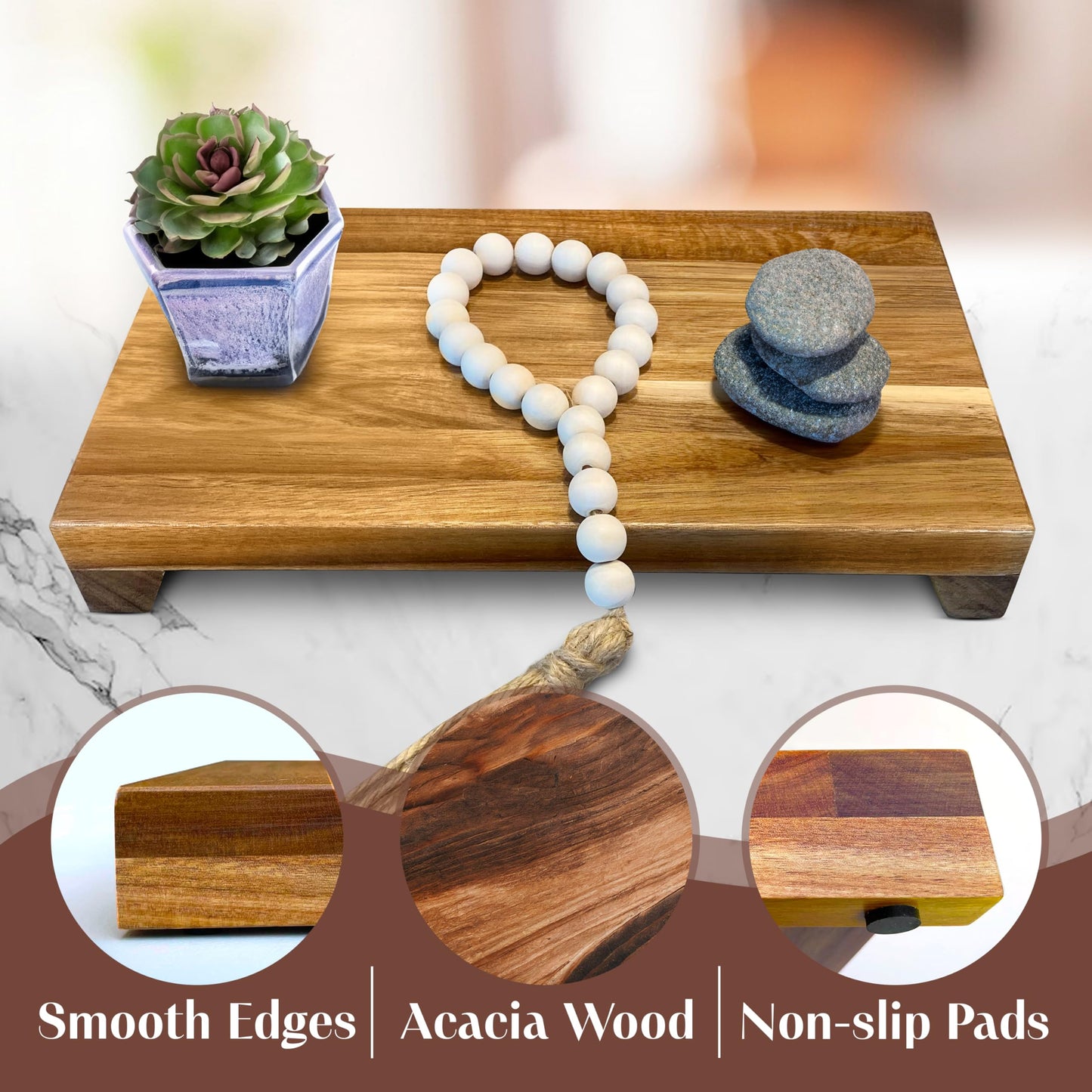 Lyfe Simple Natural Acacia Wood Pedestal Stand | Wood Riser with Decorative Beads | Kitchen Counter Decor | Soap Tray for Kitchen Sink | Bathroom Tray | Tabletop Wooden Stand (12 x 7 x 1.75 Inch)